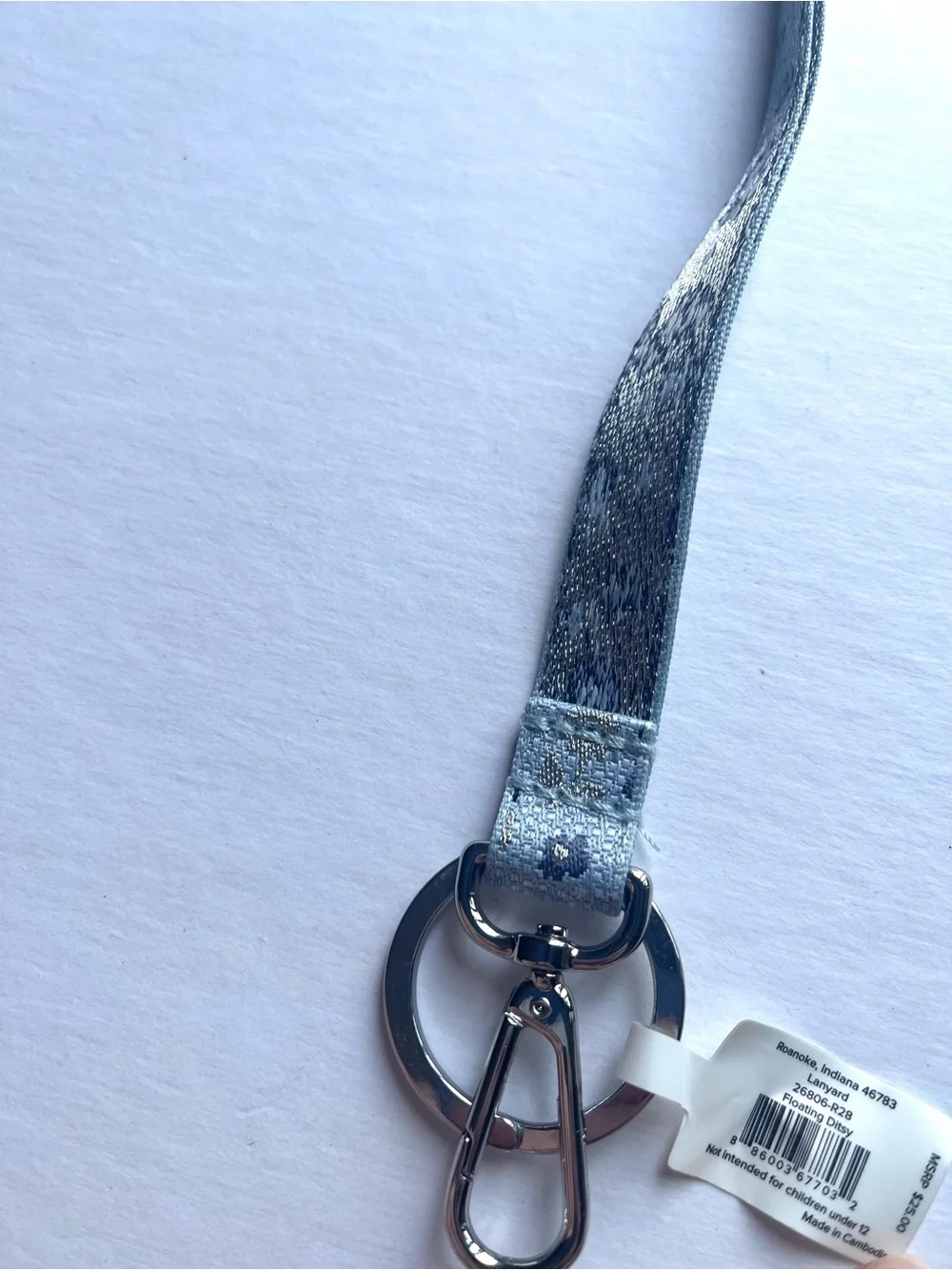 Vera Bradley Floating Ditsy Floral Lanyard Blue Silver Metallic Key Ring NWT